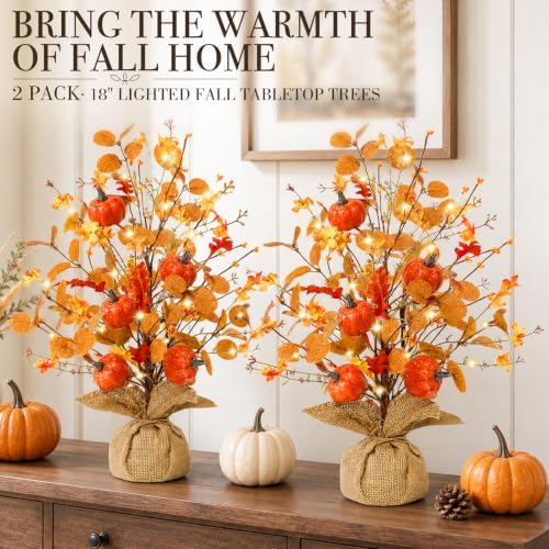 Timer & Pumpkin - Fall Decor 2 Pack 18 Inch Lighted Fall Tree Tabletop