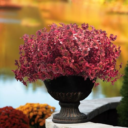 Grunyia 16 Bundles Artificial Boxwood Flowers Outdoor UV Resistant, 13.5" Fall Faux Greenery for Porch Planters Thanksgiving Decor - Fake Plants for Garden, Fireplace, Front Door(Wine Red)