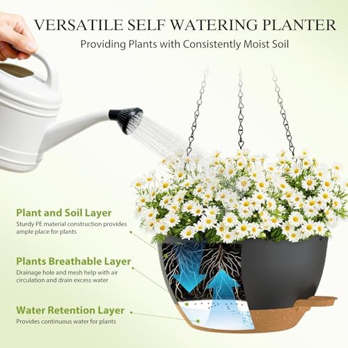 12 Inch Hanging Baskets 2 PC with Chains, Self-Watering Hanging Planters for Indoor Outdoor Plants, Plastic Hanging Flower Pots,Black Brown
