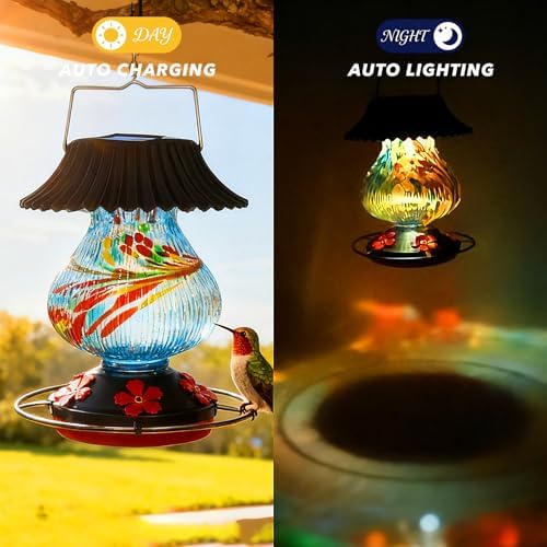 Solar Hummingbird Feeder, Hand Blown Glass Multicolor Night Lights