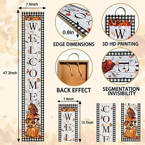 Fall Welcome Porch Sign Thanksgiving Day Wooden Door Sign 47" Large Buffalo Plaid Porch Sign for Pumpkin Sign Home Front Door Yard Party Decor