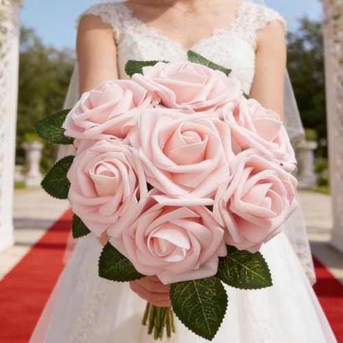 16 Pcs Pink Artificial Flowers, Fake Roses with Stems