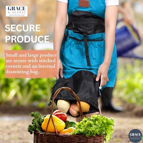 Grace and August Gardening Apron with Pockets for Women & Men - Garden Apron 7 Pockets & Internal Drawstring Bag - Great Gift