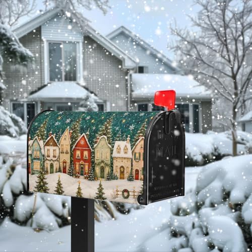 Christmas Mailbox Covers Magnetic 21 x 18 Inch Xmas Tree Holiday Mailbox Cover Snowy Scene Winter Post Box Wraps Standard Size for Garden Outdoor Decor