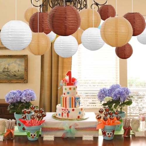BEISHIDA Brown Mix Paper Lanterns 16Pcs 6/8/10 Inch Round Chinese Lamp
