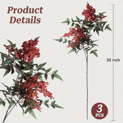 Artificial Flowers 35 Inch Artificial Nandina Berry Stem 3 Pcs Faux Flowers for Vase Realistic Sedum Spray for DIY Bouquet, Shower, Farmhouse, Mantel, Home Decor(Burgundy)