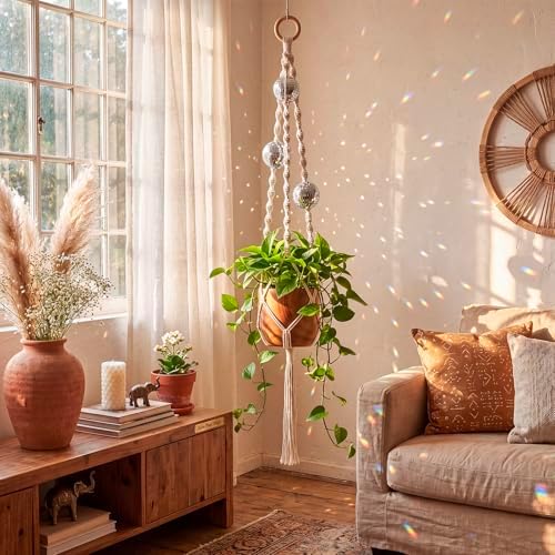Shappy Macrame Disco Ball Plant Hanger, Boho Hanging Planter Home Decor