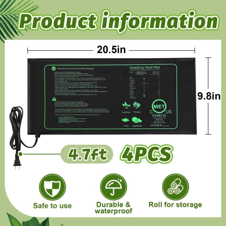 4 PCS Durable Seedling Heat Mat for Plants - 10'' x 20.5'' Bulk Seed Starting Heating Mat for Indoor Grarden
