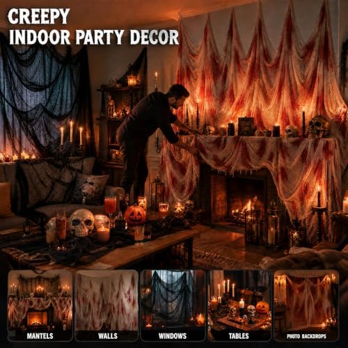 6Pcs Halloween Creepy Cloth 30×72inch, Scary Halloween Fabric Gauze, 2Pcs Blood 4Pcs Black Creepy Cloth for Yard, Doorway, Haunted House Party