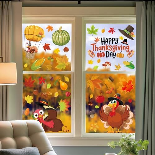 6 Sheets Thanksgiving Fall Window Clings, 73 Pcs Turkey Autumn Leaf Pumpkin Clings for Windows Thanksgiving Window Stickers for Home Holiday Party Store Glass Decoration