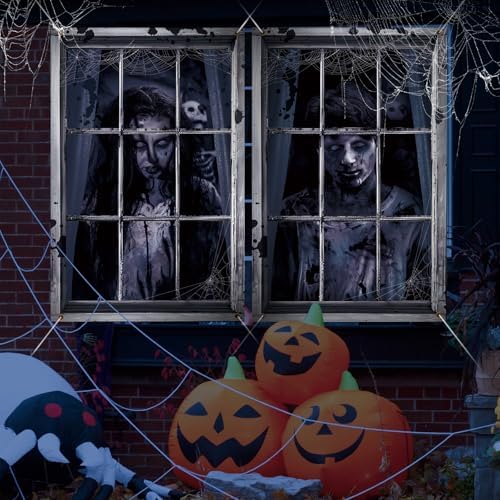 Preboun 2 Pcs Halloween Ghost Window Decoration Scary Halloween Window Silhouette Cover Curtain Poster for Wall Garage Door Home Indoor Outdoor Party Favors