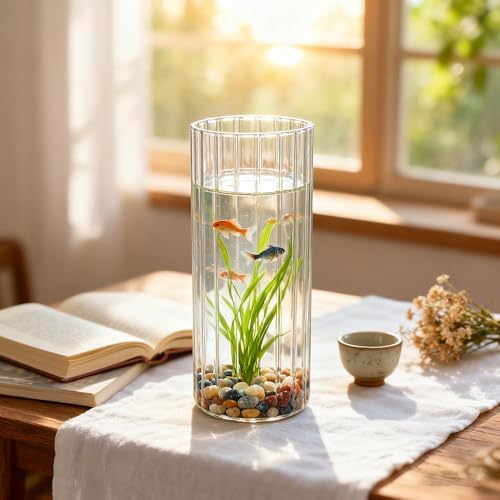 Flower Vase, Non-breakable Vase for Flower, Ribbed Acrylic Vase, 5"W x 14"H Tall Clear Cylinder Vases for Centerpieces, Living Room, Dining Table, Office, Bookshelf Decoration Housewarming Gift