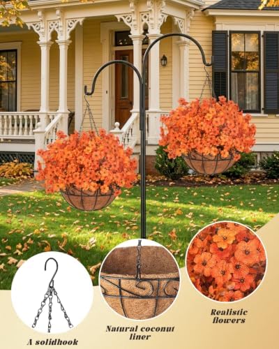 Artificial Fake Orange Fall Mums Flowers Planter Hanging Basket for Outdoor