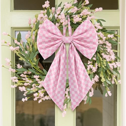 Suncalla 2 Pcs Pink Christmas Checkered Wreath Bows 18'' x 12''
