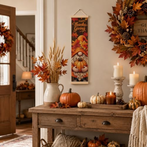 Thanksgiving Door Banner, Gnome Pumpkin Canvas Banner for Front Porch