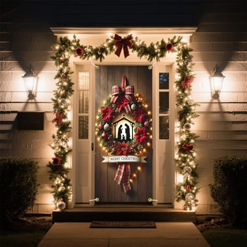 Nativity Scene Poinsettia Plaid Bow Christmas Door Cover 35x71in