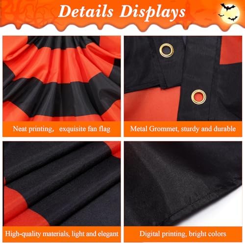 Newwiee 1 PC 6 x 3 ft Halloween Flag Bunting Half Fan Hanging Pleated Flag Banner with 3 Grommets for Halloween Indoor Outdoor House Party Holiday Yard Decorations Props, Black Orange