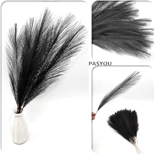Artificial Pampas Grass Plants Fake Reeds Decoration Set of 28 Stems 17” Faux Florals Bulrush Fluffy Beige Branches for Boho Home Wedding Party Vase Fillers Christmas DIY Feathers Décor Black 28 Pcs