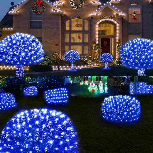 WBao Christmas Net Lights, 360LED 11.5ft x 6.9ft Christmas Lights with 8 Modes, Timer, End to End Connectable, Waterproof Design for Lawn, Bushes, Trees Outdoor Xmas Decorations, Blue