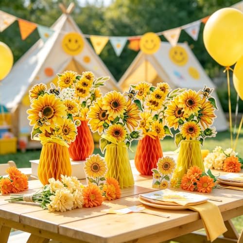 SUNBEAUTY 9 PCS Sunflower Honeycomb Centerpieces Sunflower Party Decorations Yellow Honeycomb Table Centerpiece for Spring Summer Garden Themed Birthday Baby Shower Decor