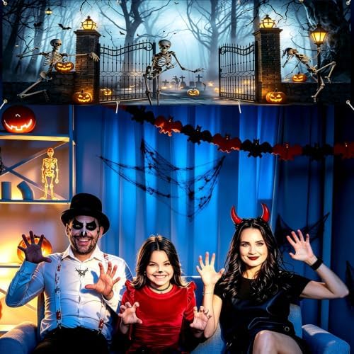 118"x35" Extra Large Happy Halloween Banner Big Spooky Halloween Backdrop for Giant Outdoor Yard Easy Hang with Ropes&Grommets–Perfect for Fence, Porch, Garden, Haunted House Party Signs (Skeleton Gate, 118"x35")