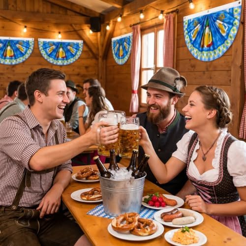 Augshy 4Pcs Oktoberfest Bunting Fan Flag, Blue Bavarian Pleated Half Banner