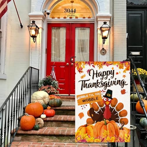 LosFong Happy Thanksgiving Garden Flag 12x18 Inch Double Sided Burlap Autumn Leaves Turkey Harvest Pumpkin Farmhouse Small Fall Thankful Yard Flag for Outside Decoration (Thanksgiving)
