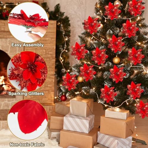 Cliselda 30Pcs 5.9" Red Poinsettias Artificial Christmas Flowers with Clips