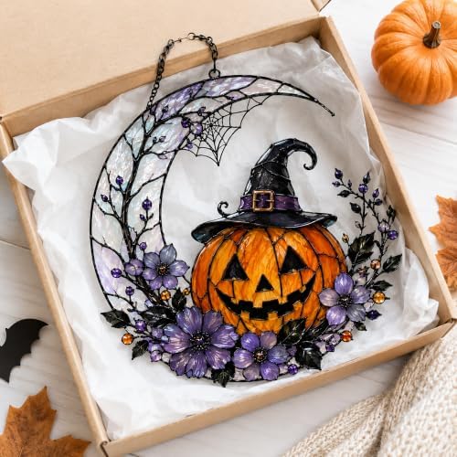 Halloween Window Decor, Witch Hat Jack O Lantern Pumpkin Moon Suncatcher