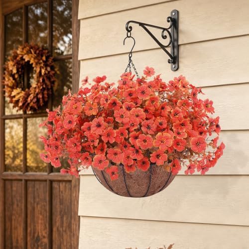 2 Set Artificial Fake Mums Flowers Plants with Hanging Basket for Outdoor,2 Hanging Planters with 24 Pcs Faux Plastic Silk Mums Fall Flowers for Outside Autumn Porch Garden Patio Home Decor (Orange)