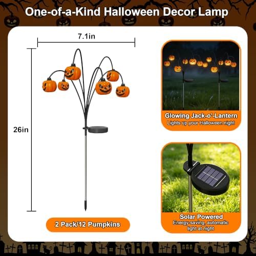 Halloween Solar Lights Outdoor, 2 Pack Waterproof Pumpkin Stake Lights