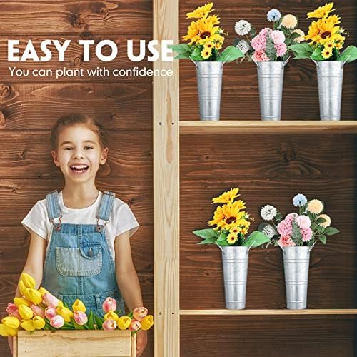 Chumia 12 Pcs 9" Galvanized Flower Buckets Rustic Metal Vases, Matte Silver