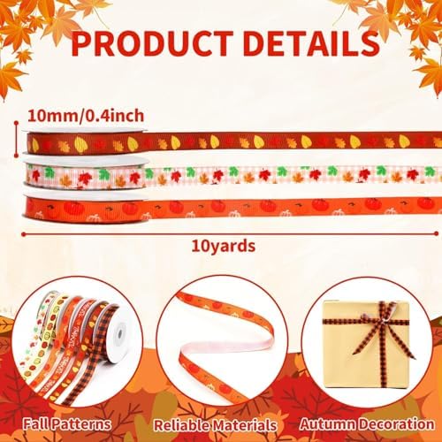 DECYOOL Fall Ribbon 6 Rolls 60 Yards Autumn Thanksgiving Grosgrain Ribbons