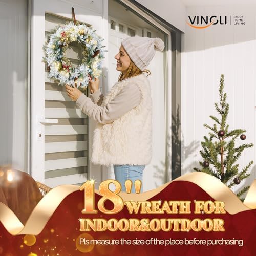 VINGLI 18" Flocked Christmas Wreath 2 Pack with Battery LED Lights