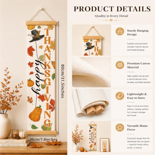 Fall Porch Decor Banner, Thanksgiving Pumpkin Canvas Banner for Entryway