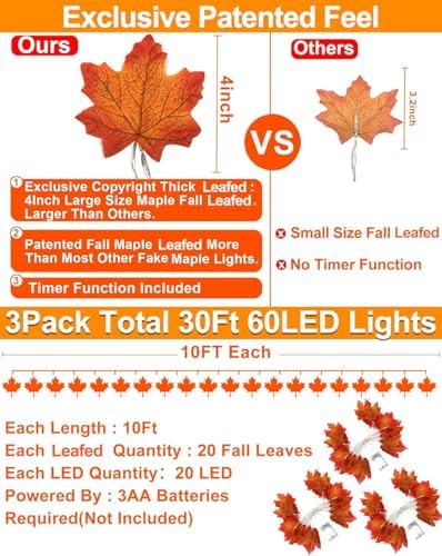 Timer&3 Pack Halloween Fall Decor 30Ft Fall Garland with Lights 60LED