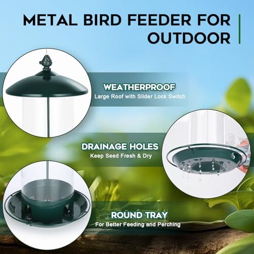 Gbekery Metal Bird Feeders for Outdoors Hanging, Weather Resistant Wild Bird Feeder with 360 Degree Feeding Tray, Green