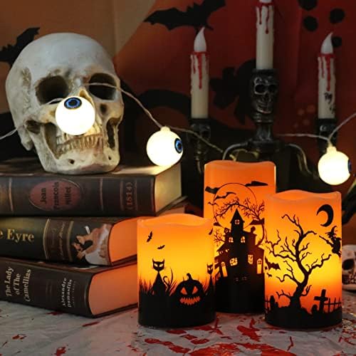 Wondise Halloween Flickering Flameless Candles with 6 Hour Timer, Battery Operated LED Real Wax Candles Set of 3 Halloween Home Decoration Gifts(3 x 4 5 6 Inch)