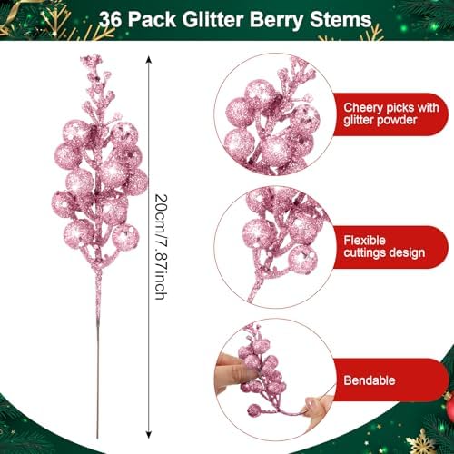 Geosar 36 Pcs Christmas Glittered Berries Stems, Pink