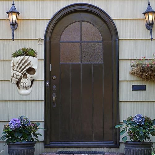 Skull Wall Planter Skull Planter for Halloween Indoor Outdoor Plants, Gothic Spooky Face Head Hanging Flower Pot with Drainage for Fence Decoration (Don't Look White)