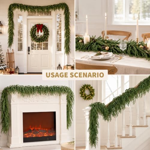 12FT Christmas Norfolk Pine Garland Real Touch for Mantle Decoration