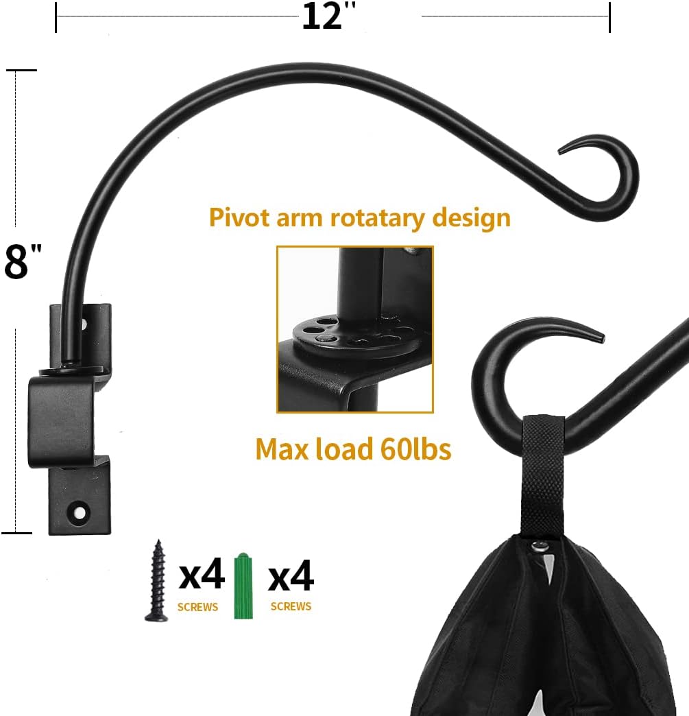 Maosen 12 Inches Swivel Plant Hangers Outdoor - 2 Pack Black Iron Plant Hanging Hook Bracket for Flowers Baskets