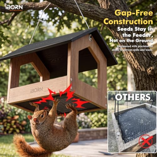 iBorn Pavilion Bird Feeder, Covered Platform Bird Feeder for Outdoors Hanging, WPC Recycled Plastic & Waterproof, Black
