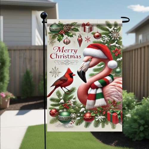 Christmas Garden Flag Flamingo with Cardinal Bird Flag 12x18 Inch Outdoor Double Sided Winter Seasonal Yard Banner Holiday Lawn Decoration Xmas Tree Ornaments for Porch Patio Garden