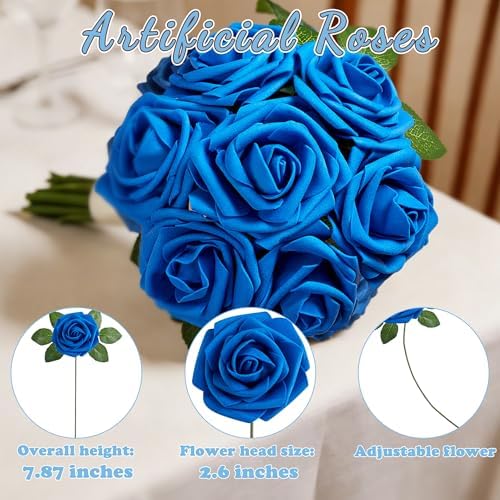 16 Pcs Artificial Flowers, Blue Fake Roses with Stems