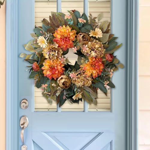 WANNA-CUL 24in Fall Front Door Wreath Dahlia Hydrangea Peony Table Decor