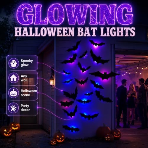 Halloween 3D Lighted Bats, LED Purple Glowing Wall Stickers, Indoor Outdoor