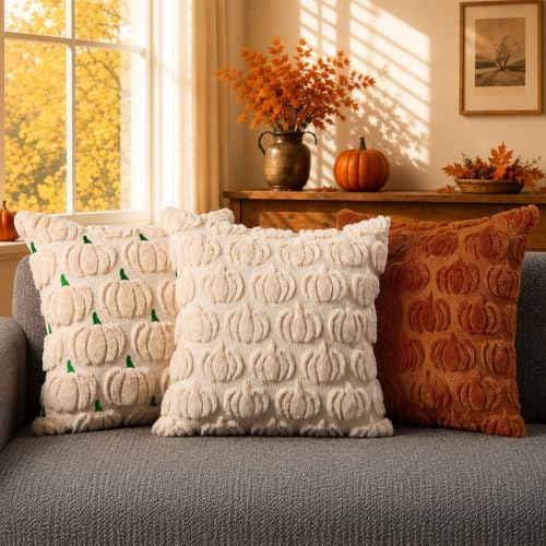 DFXSZ Fall Pillow Covers 24x24 2Pcs Beige Pumpkin Fall Decorations for Home