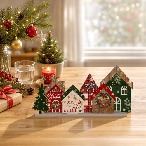 Smile Wooden Christmas House Tabletop Decor Rustic Plaid Cabin Xmas Tree Winter Farmhouse Centerpiece Sign