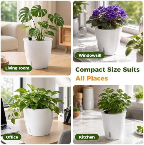 Upgraded Self Watering Pots for Indoor Plants, 6-Pack 6.7 Inch Top-Fill Self Watering Planter with Water Window, Orchid Pots, Clear Wick Inner Basket with Drainage, White
